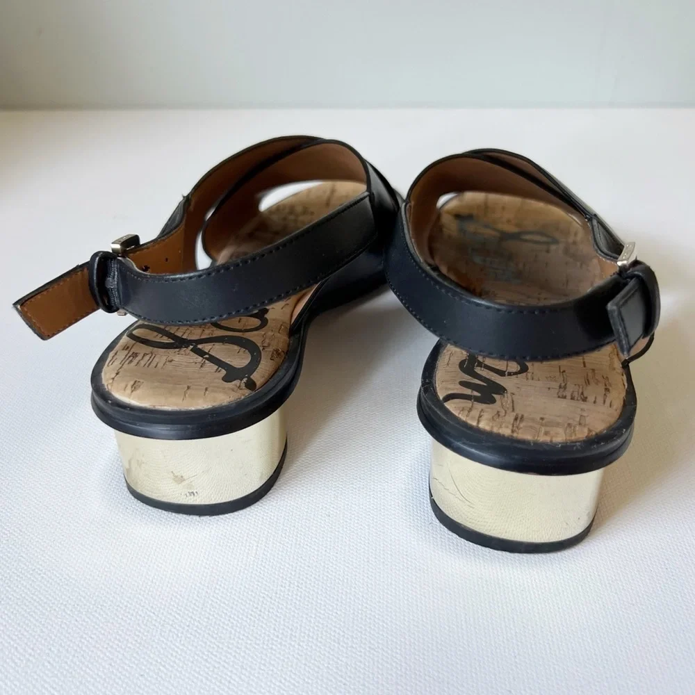 SAM EDELMAN Black Faux Leather Sandals with Gold Heels.